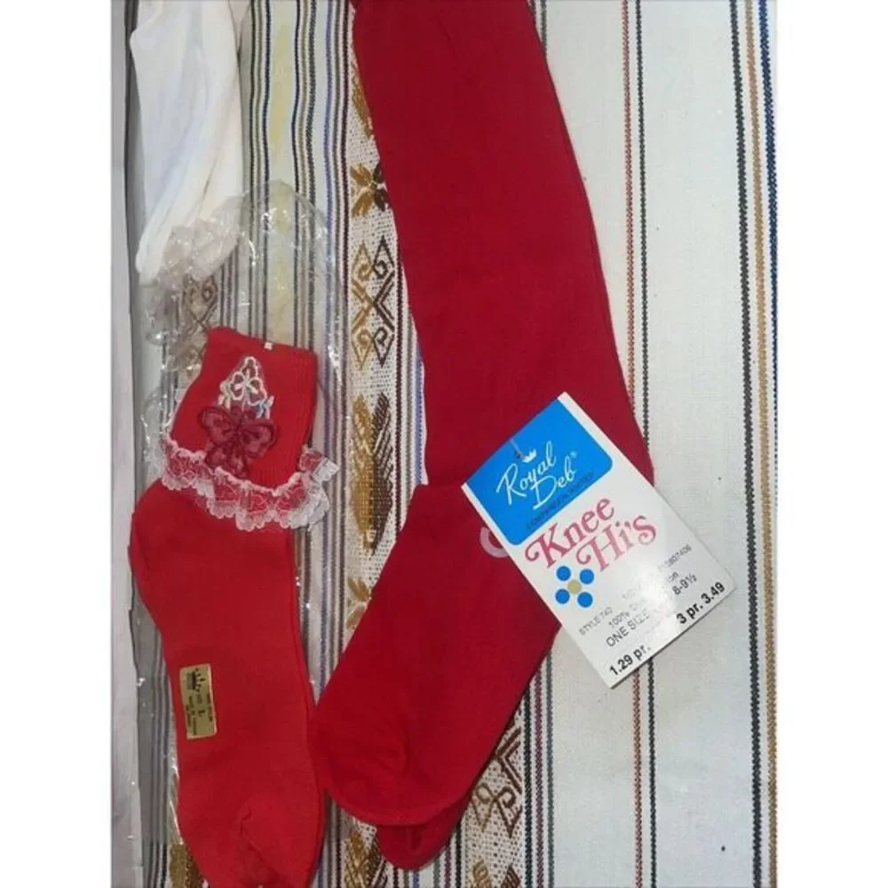 Two pairs of Red Girls Vintage Nylon Socks Sz 8 (white pair‎ not included)